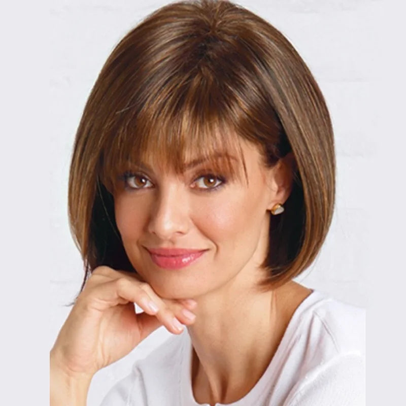 European Short Brown Wig: Trendy Layered Bob Hairpiece with Light Air Bangs for Natural Fashion Look - Synthetic Hairpiece