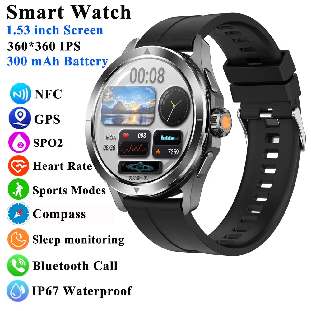 1.53" Outdoor Sports Smart Watch Men NFC GP Compass Heart Rate Blood Oxygen Waterproof Bluetooth Call Smartwatch for IOS Android
