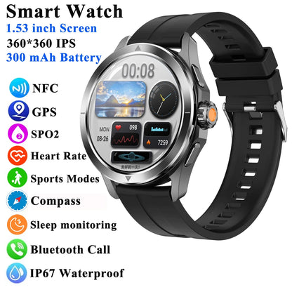 1.53" Outdoor Sports Smart Watch Men NFC GP Compass Heart Rate Blood Oxygen Waterproof Bluetooth Call Smartwatch for IOS Android