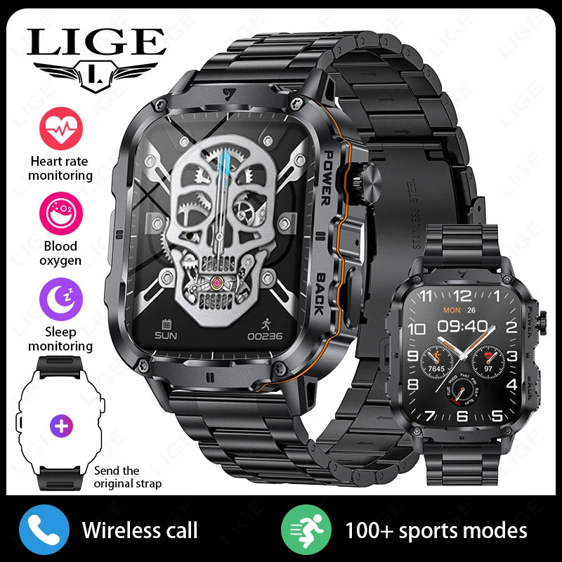 LIGE 2025 Rugged Military Smart Watch Men Outdoor Watches lP68 Waterproof 1.95" Al Voice BT Call Man Smartwatch For Android IOS