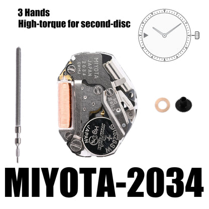 2034 Movement Miyota 2034 movement  3 Hands High-torque for second-disc Size 6 3/4×8’’’Height 3.15mmBattery Life 14 months
