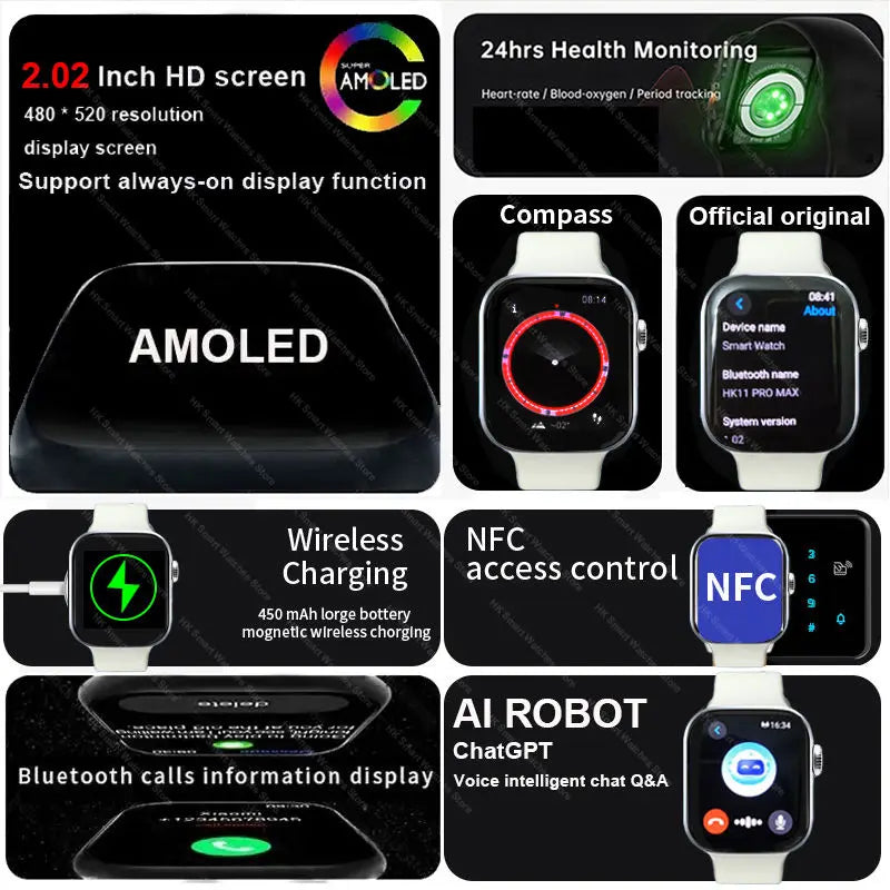 2025 New HK 11 Pro MAX Smart Watch Series 10 46mm AMOLED 4G ROM Bluetooth Call Network AI Robot Clock NFC Compass WatchMen Women