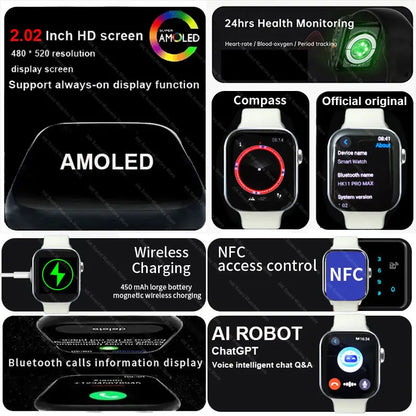 2025 New HK 11 Pro MAX Smart Watch Series 10 46mm AMOLED 4G ROM Bluetooth Call Network AI Robot Clock NFC Compass WatchMen Women