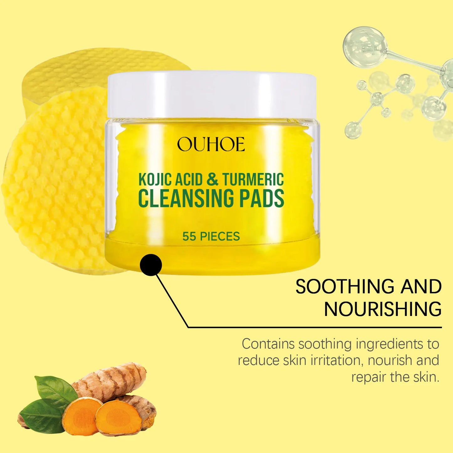Turmeric Kojic Acid Facial Exfoliating Cleansing Pads Clogged Pores Oil Remover Glow Brighten Daily Lemon Facial Cotton Sponges