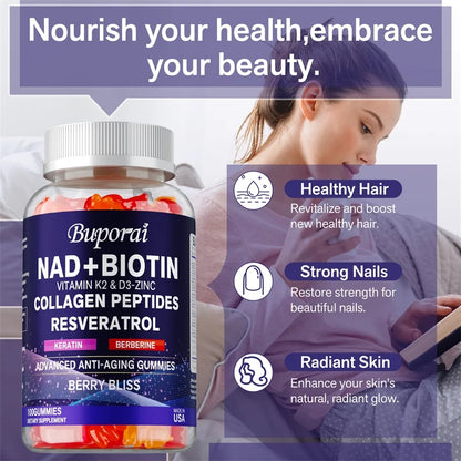 NAD+, Resveratrol, Berberine, & Biotin Anti-Aging Gummies - Detoxifies, Boosts Energy, Promotes Cell and Skin Health