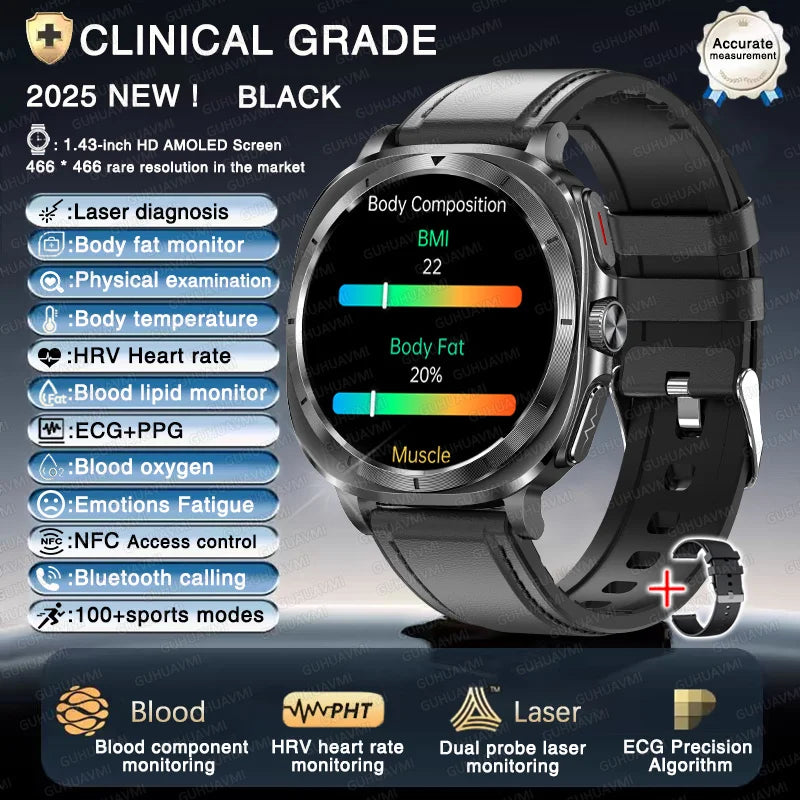 2025 New Laser therapy Three High Uric acid Blood pressure Smartwatch Men ECG+PPG Heart rate Fat Body Analysis NFC Call Watches