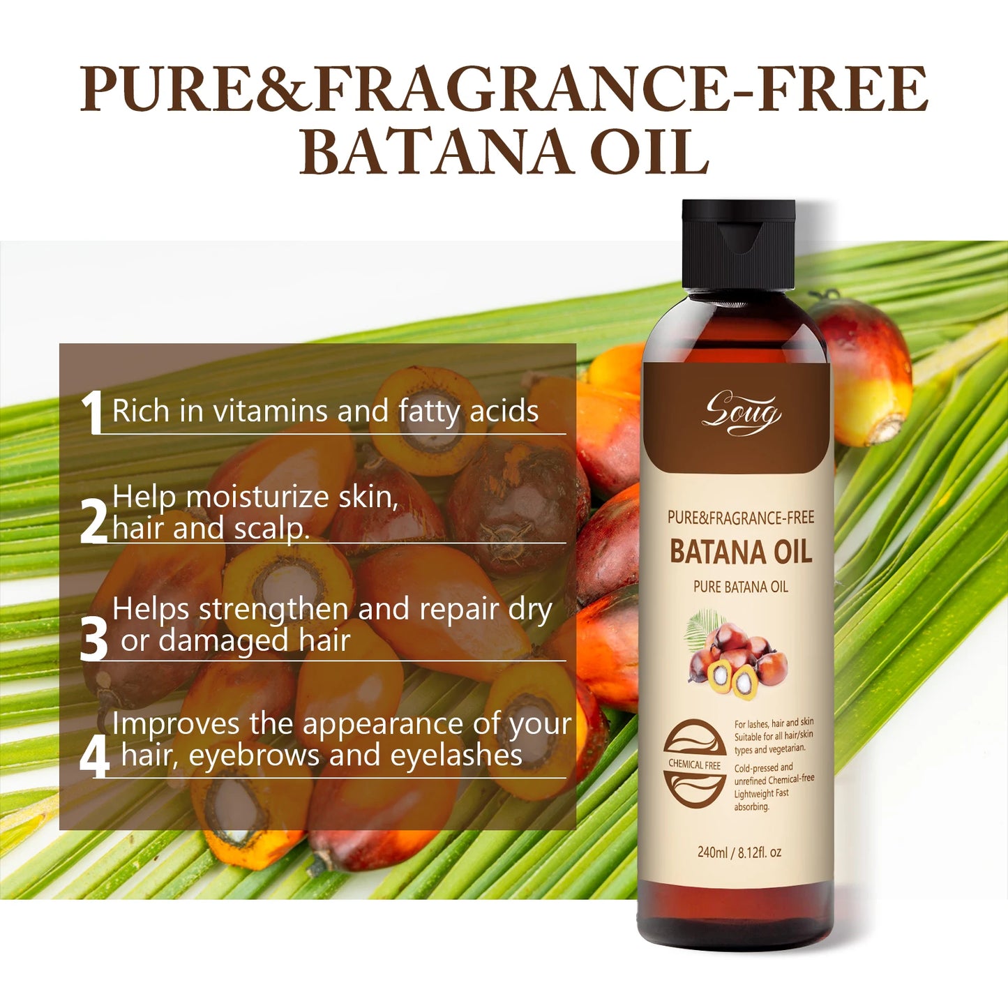 Pure Natural Batana Oil for Hair Growth, Eyelashes & Skin Care - 240ml Cold-Pressed Treatment for Dry Hair Repair