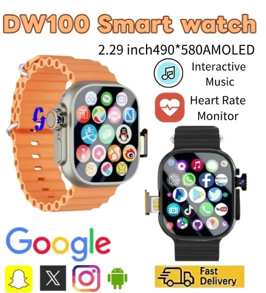 2025 DW100 4G Android Smartwatch Global Calling Fingerprint Unlock 2.29 Inch AMOLED 4G SIM Video Chat WIFI GPS Tracker