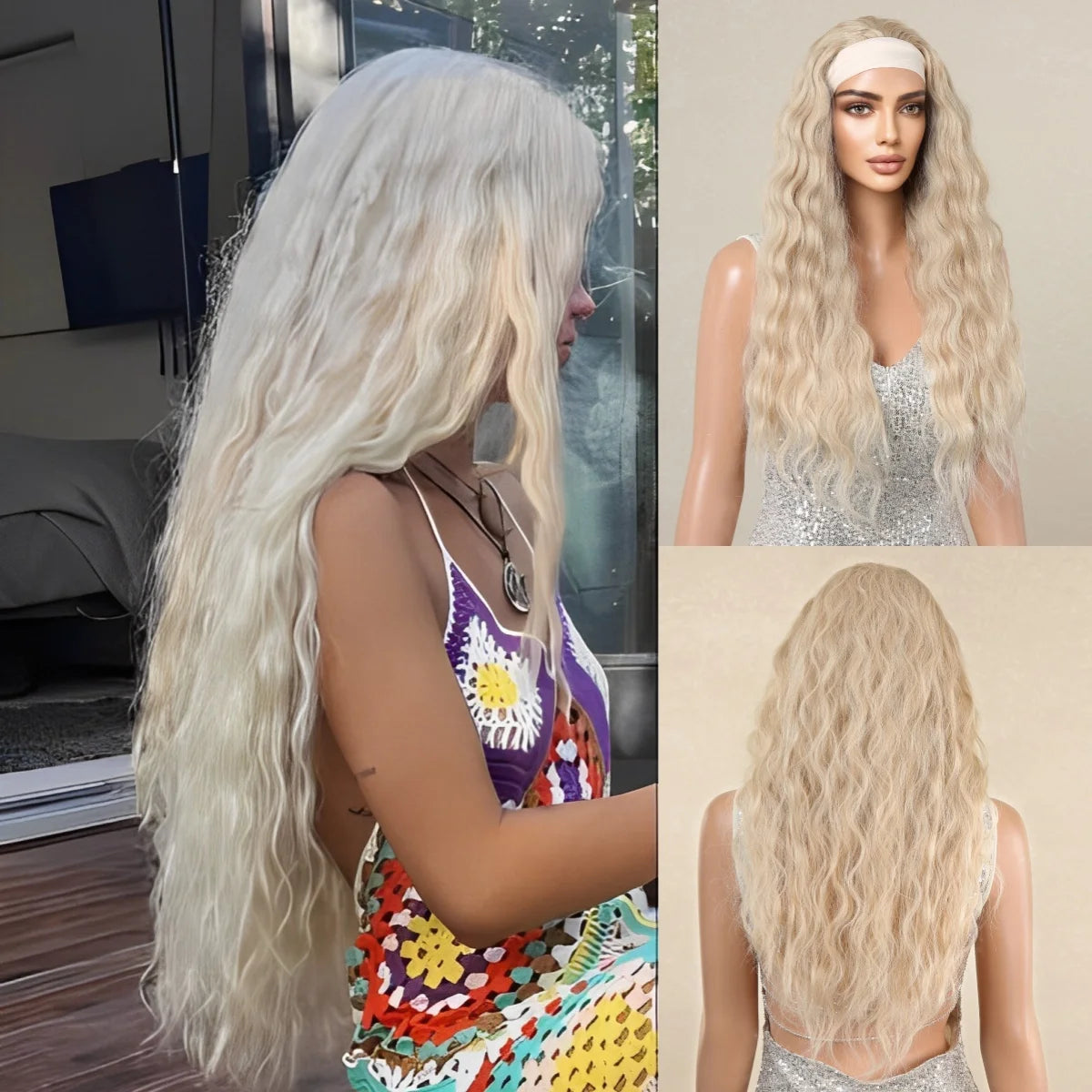 Long Curly Headband Synthetic Wigs Blonde Water Wavy Headband Wigs Bohemian Hair for Women Daily Party Use Heat-Resistant Fiber