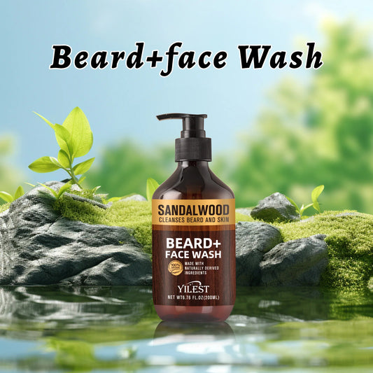 YILEST Sandalwood Beard & Face Wash for Men - 200ml Natural Cleanser with Aloe & Orange Oil, Deep Cleansing for Beard and Skin