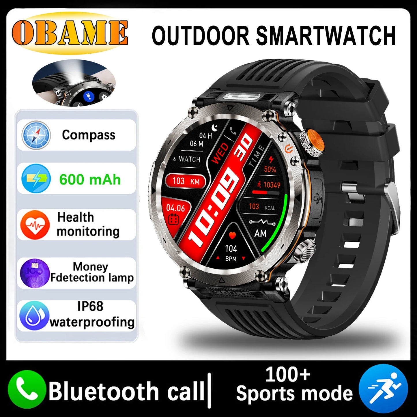 5ATM Waterproof Smart Watch Men 600mAh Outdoor SmartWatch GPS Compass Heart rate LED Flashlight Bluetooth Call Sports Smartwatch