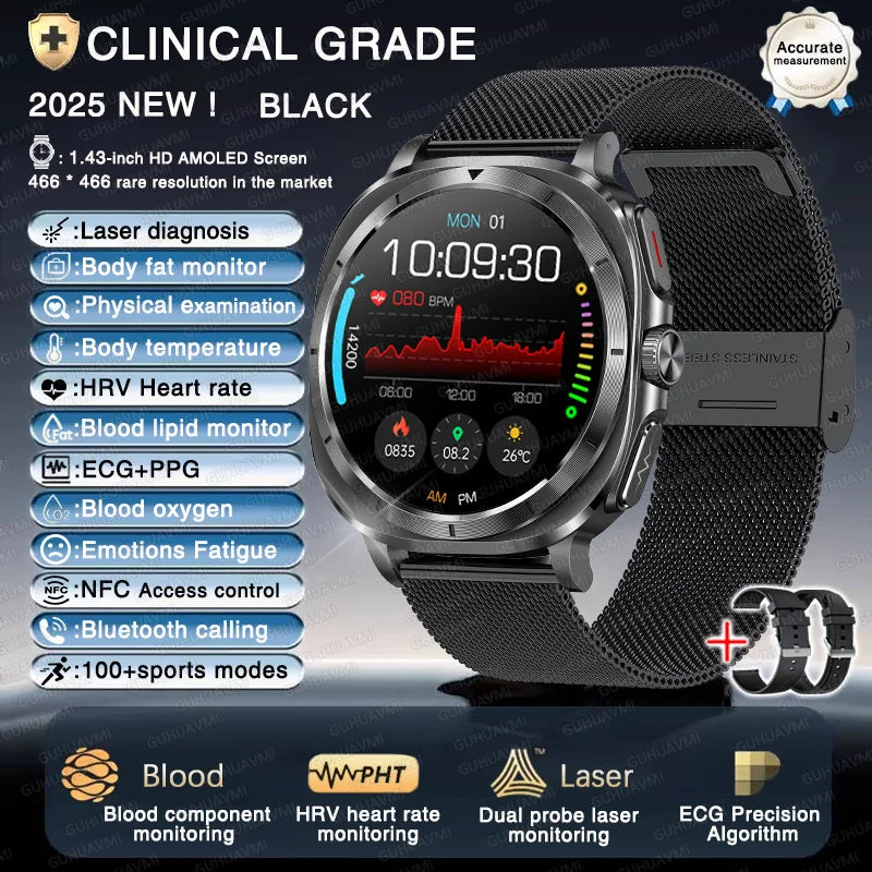 2025 New Laser therapy Three High Uric acid Blood pressure Smartwatch Men ECG+PPG Heart rate Fat Body Analysis NFC Call Watches