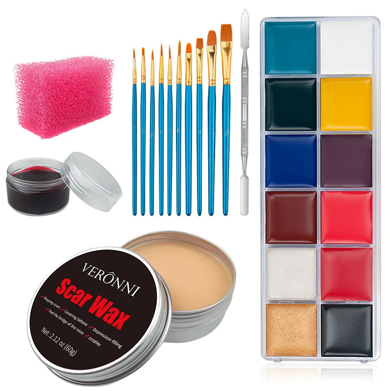 12/20 Colors Face Body Painting Fake Blood ,Halloween Professional Special Effects Makeup Kit with Wound Modeling Scar Wax