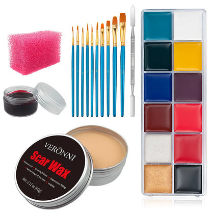 12/20 Colors Face Body Painting Fake Blood ,Halloween Professional Special Effects Makeup Kit with Wound Modeling Scar Wax