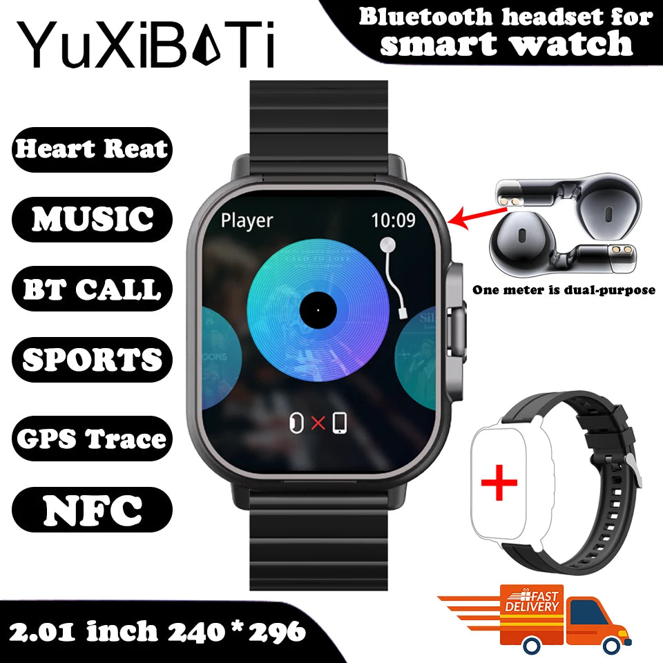 2025 Smart Watch 2 in 1 With Earphone Smartwatch Bluetooth Call NFC Men Watch GPS Track Heart Rate Monitor Play Music SmartWatch