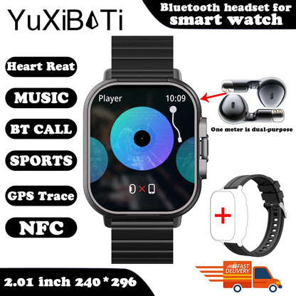 2025 Smart Watch 2 in 1 With Earphone Smartwatch Bluetooth Call NFC Men Watch GPS Track Heart Rate Monitor Play Music SmartWatch