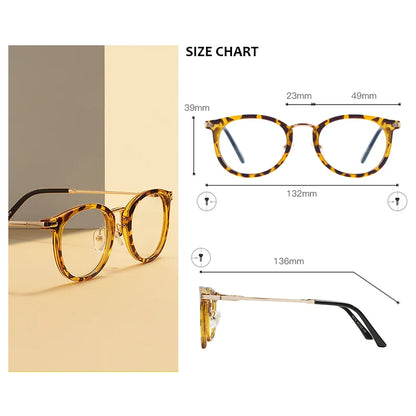 TR90 Men Women Lightweight Vintage Eyeglasses Frame Round Plastic Leopard Clear Spectacles For Optical Prescription Lenses