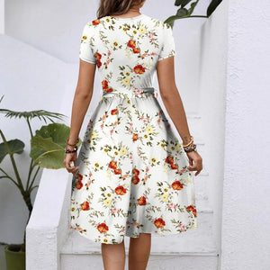 Dresses Women Flower Print Dress Round Collar Short Sleeve Lace Up Tight Waist Vestidos Casual Knee Length A Line 2025 Summer