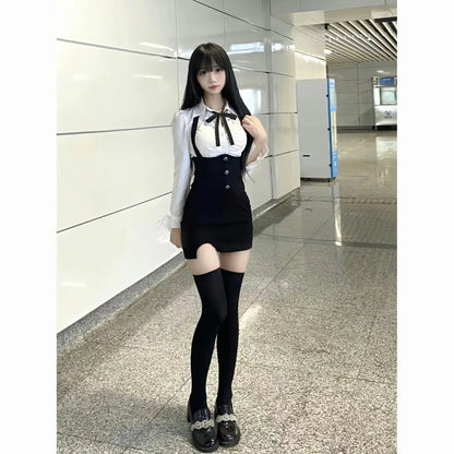 American Style Women's Spring Summer New 2023 Pleated Shirt Collar Tie Backless Hip Package Dress 2-piece Set China Origin