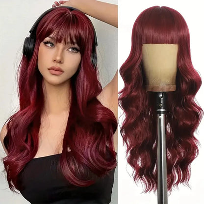 Black women's synthetic wig with big waves and straight bangs for cosplay. Worn daily with high-temperature synthetic hair.