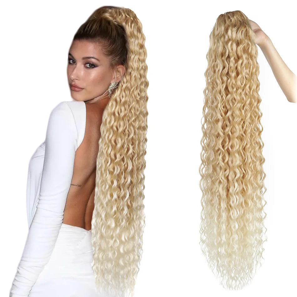 Curly Ponytail Extensions Clip in Synthetic Drawstring Ponytail Wig Long 32Inch Water Wave Afro Pony Tail Women Hairpiece False