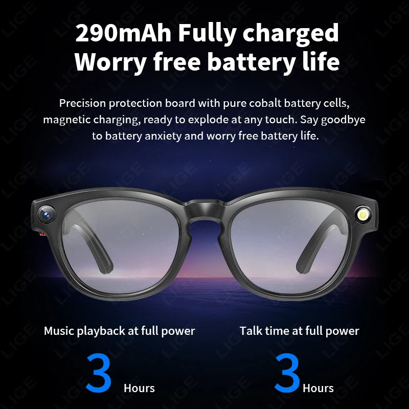 LIGE Smart Glasses 800W 4K HD Camera Sunglasses Video Recorder AI Voice Bluetooth Call Outdoor Photochromic Lenses For Man Women