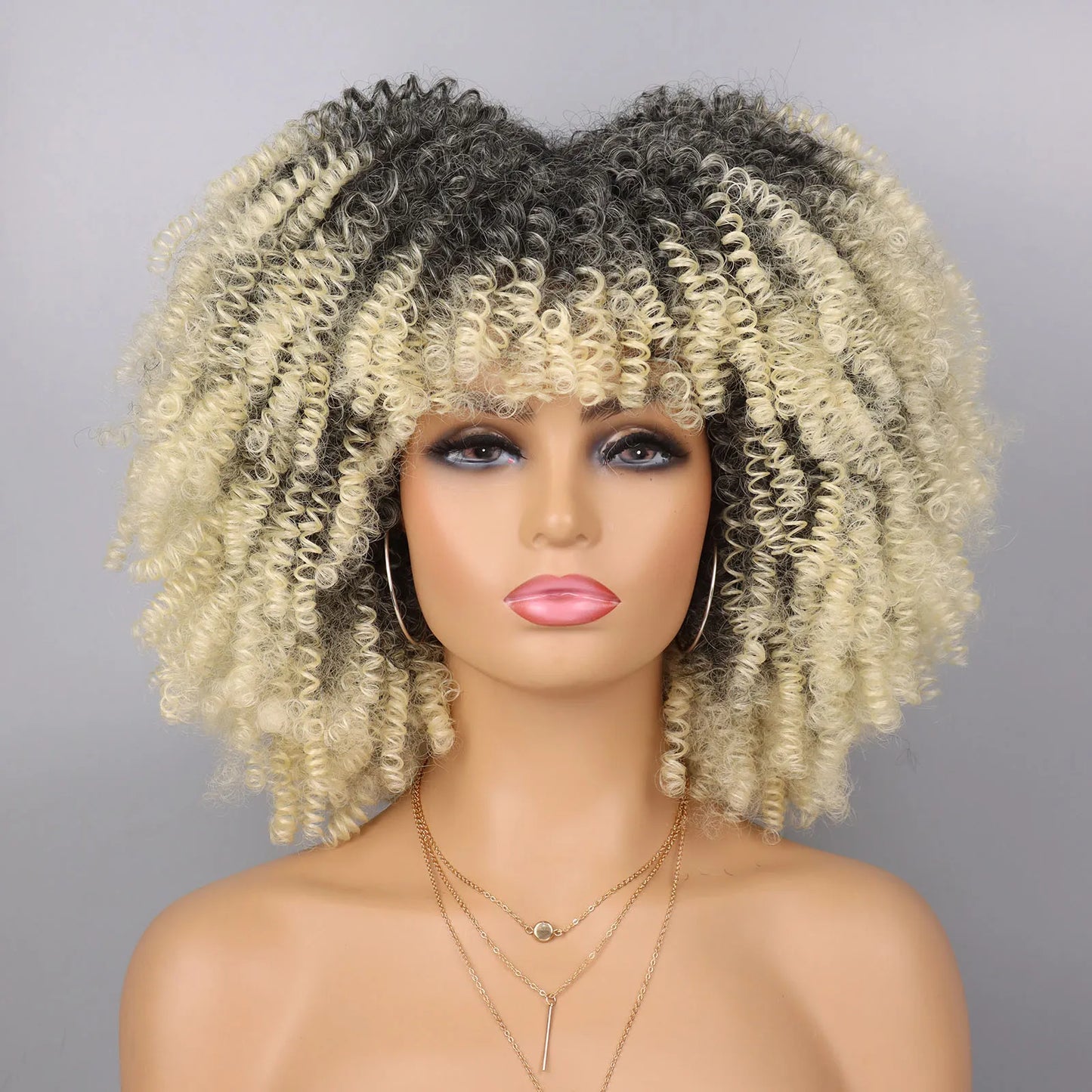 Tereshar Synthetic Short Curly Wigs for Black Women Afro Wig With Bangs Short Afro Kinky Curly Wig for Daily Party Wear