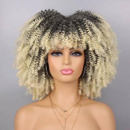 Tereshar Synthetic Short Curly Wigs for Black Women Afro Wig With Bangs Short Afro Kinky Curly Wig for Daily Party Wear