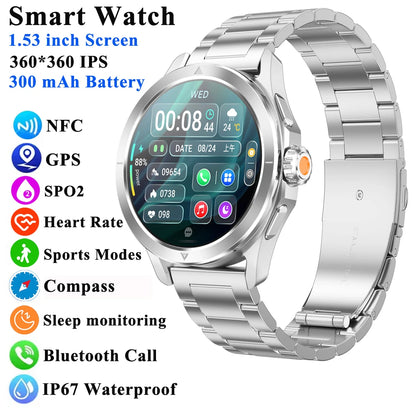 1.53" Outdoor Sports Smart Watch Men NFC GP Compass Heart Rate Blood Oxygen Waterproof Bluetooth Call Smartwatch for IOS Android