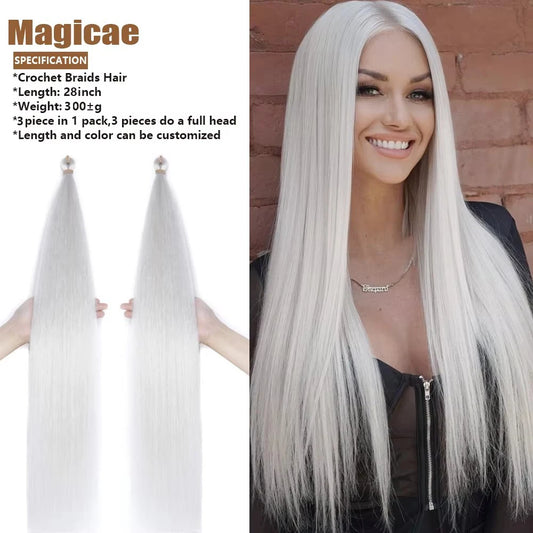 Magicae Braiding Crochet Hair High Heat Resistant 3Pcs 28inches Synthetic Ombre Brown Silver White Straight Bundles Extension