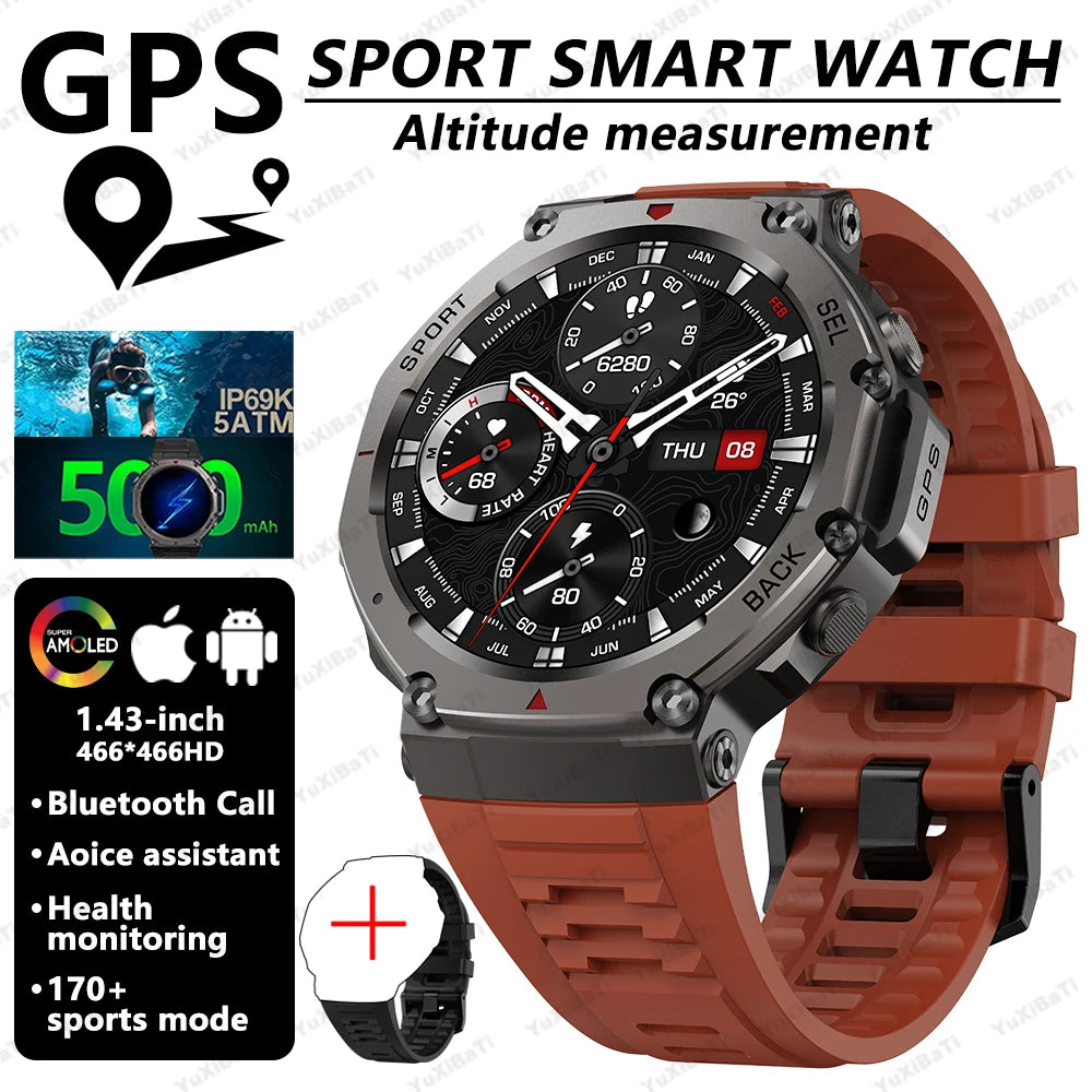 2025 Military Smart Watch for Men Bluetooth Call 5ATM Waterproof Built-in GPS Compass Barometric Altimeter Sports Watches