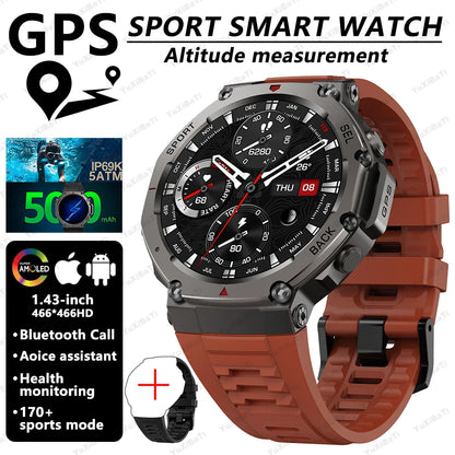 2025 Military Smart Watch for Men Bluetooth Call 5ATM Waterproof Built-in GPS Compass Barometric Altimeter Sports Watches