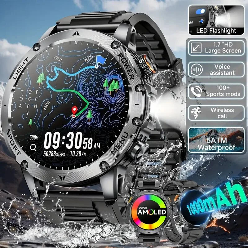 2025 New Outdoor Sports Military 1000mAh Battery Smart Watch Men GPS NFC 5ATM Waterproof Swim AMOLED Bluetooth Call Smartwatch