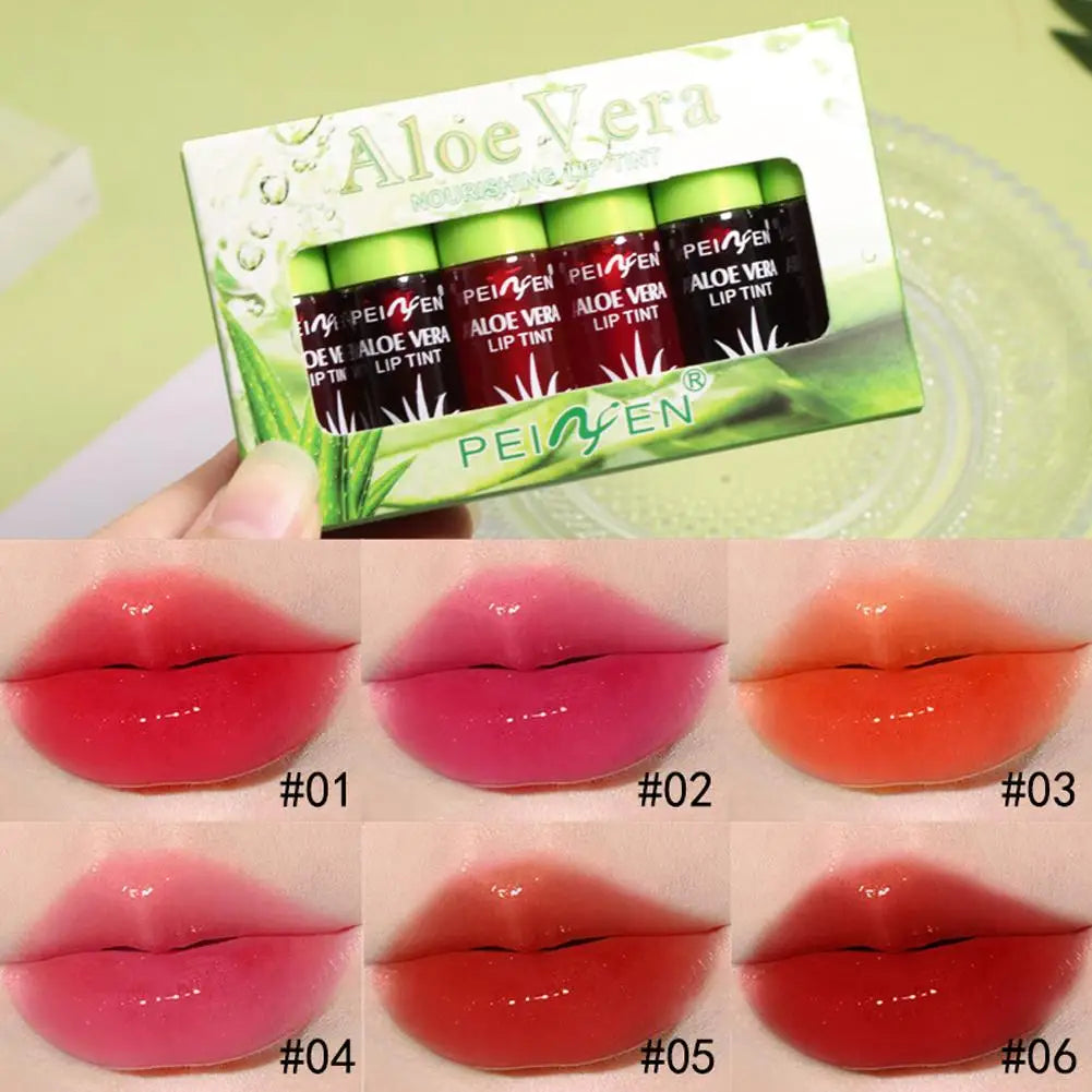 6 Color Lip Tint Stain Set Plumping Liquid Lipstick Aloe Vera Watery Lip Stain Lip Gloss Multi-use Moisturizing Lip & Cheek Tint