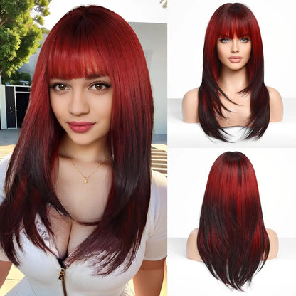 Medium Length Straight Wigs Gray Layered Synthetic Wigs With Bangs For Women Party Cosplay Natural Heat Resistant Fake Hair