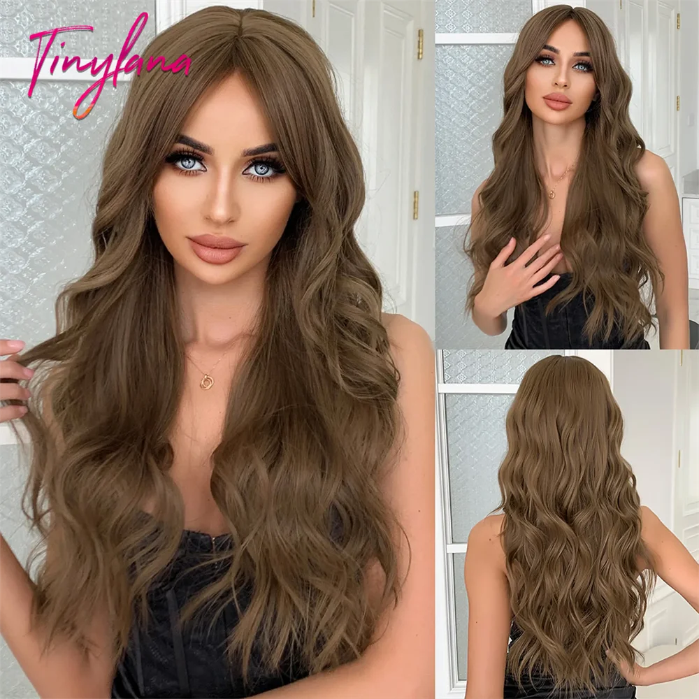 Super Long Curly Wavy Brown Synthetic Wigs with Bangs Cosplay Party Halloween Natural Afro Hair for White Women Heat Resistant