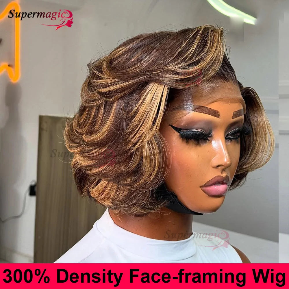 13x4 Frontal Wig New Trendy Layered Cut Straight Human Hair Wigs Short Wig Highlight Piano Color 4X4 Lace Closure Wig for Women