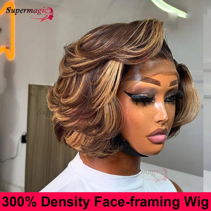 13x4 Frontal Wig New Trendy Layered Cut Straight Human Hair Wigs Short Wig Highlight Piano Color 4X4 Lace Closure Wig for Women