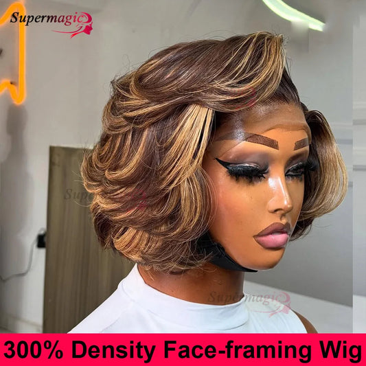 13x4 Frontal Wig New Trendy Layered Cut Straight Human Hair Wigs Short Wig Highlight Piano Color 4X4 Lace Closure Wig for Women