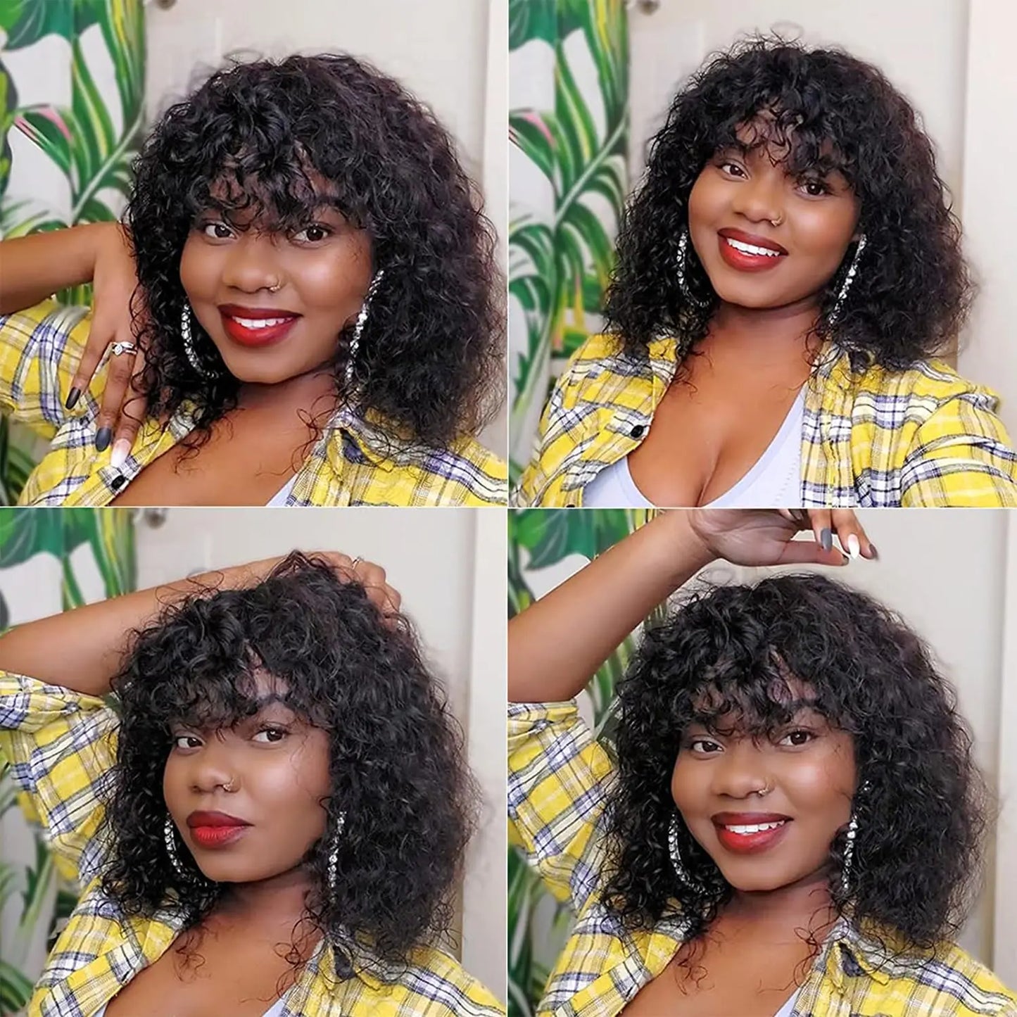 Short Curly Bob Wig Human Hair Water Wave Glueless Human Hair Wigs with Bangs for Black Women Wear and Go Machine Made Wig Black