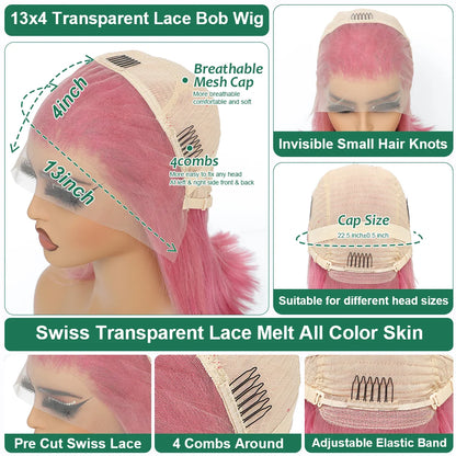 Pink Short Bob Wig Human Hair HD Lace Front Wigs Straight Ombre Honey Blonde Red Pink Silver 13X4 Cut Lace Frontal Wig