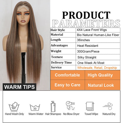 36 Inches 4X4 Lace Front Blond 27/613 Ombre Brown Synthetic Straight Lace Closure Red Highlight 4/10/16 HD Cosplay Lace Frontal