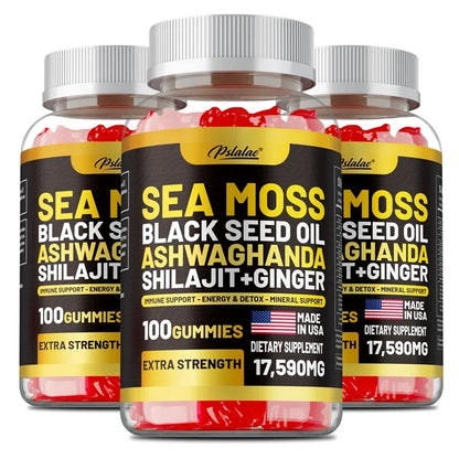 Sea Moss, Black Seed Oil, Ashwagandha, Ginger, Shilajit Gummies - Boosts Energy, Skin, Joints & Immunity