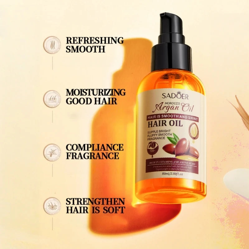 80ml Argan Oil Hair Care Essential Oil, Conditioner, Contains Argan Extract, Refreshing and Non-Greasy, Easy to Absorb, Cares for Hair, Moisturizes Dry and Frizzy Hair, Makes Hair Silky and Easy to Comb, Suitable for Dry Hair