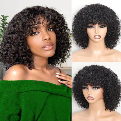 Short Curly Bob Wig Human Hair Water Wave Glueless Human Hair Wigs with Bangs for Black Women Wear and Go Machine Made Wig Black