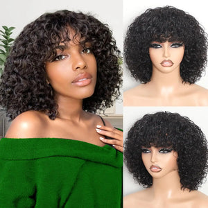 Short Curly Bob Wig Human Hair Water Wave Glueless Human Hair Wigs with Bangs for Black Women Wear and Go Machine Made Wig Black