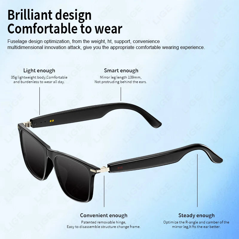 LIGE 2025 New AI Smart Glasses Bluetooth Call Headphones UV Protective Lenses Connected Voice Assistant Music Playing Sunglasses