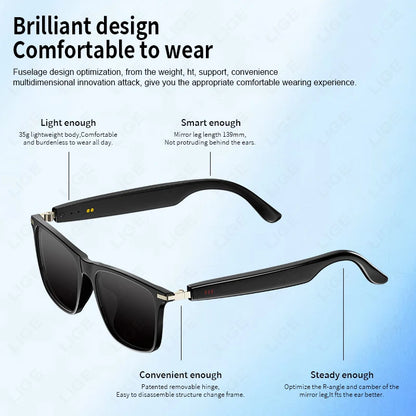 LIGE 2025 New AI Smart Glasses Bluetooth Call Headphones UV Protective Lenses Connected Voice Assistant Music Playing Sunglasses