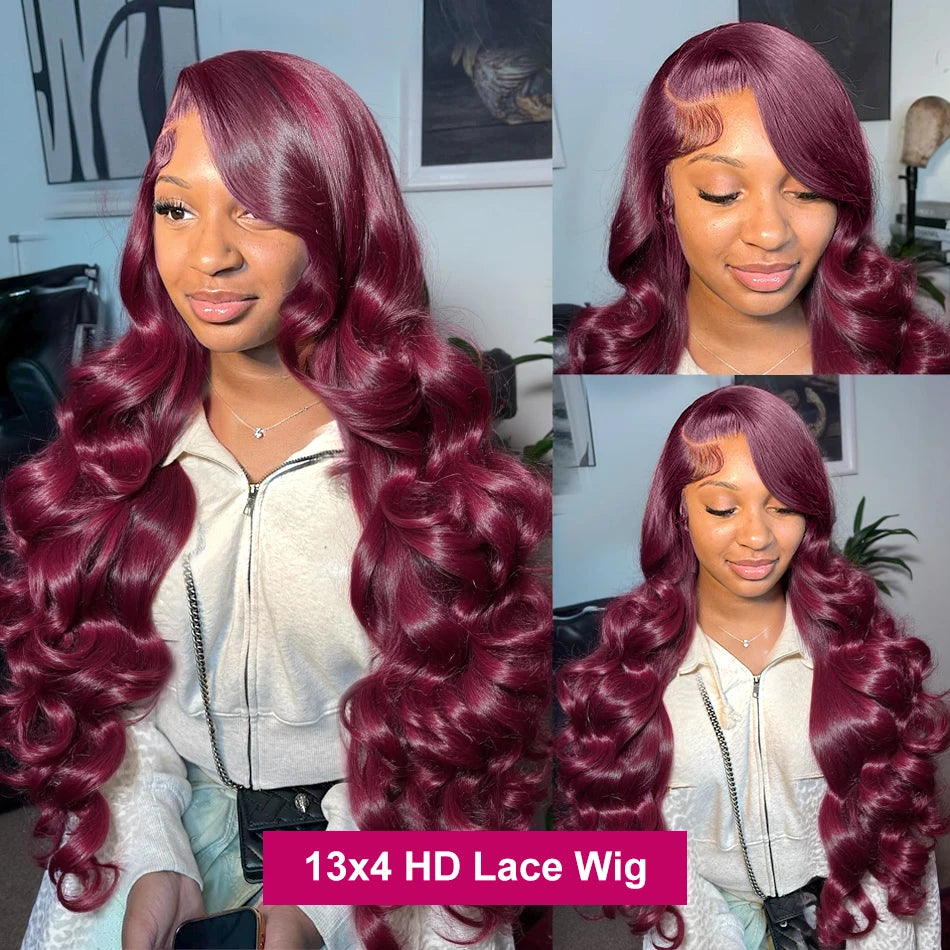 34Inchs Body Wave Burgundy Human Hair Wigs 99J Colored Transparent 13x6 Hd Lace Frontal Wig Brazilian Water Wavy Wigs For Women