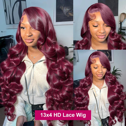 34Inchs Body Wave Burgundy Human Hair Wigs 99J Colored Transparent 13x6 Hd Lace Frontal Wig Brazilian Water Wavy Wigs For Women